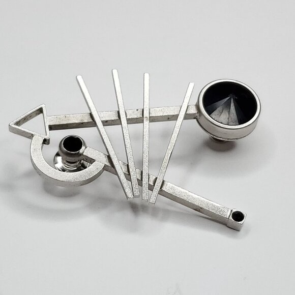 Modernist Geometric Brooch Silvertone Black Circles Lines Triangle Shapes 80s - Picture 2 of 4